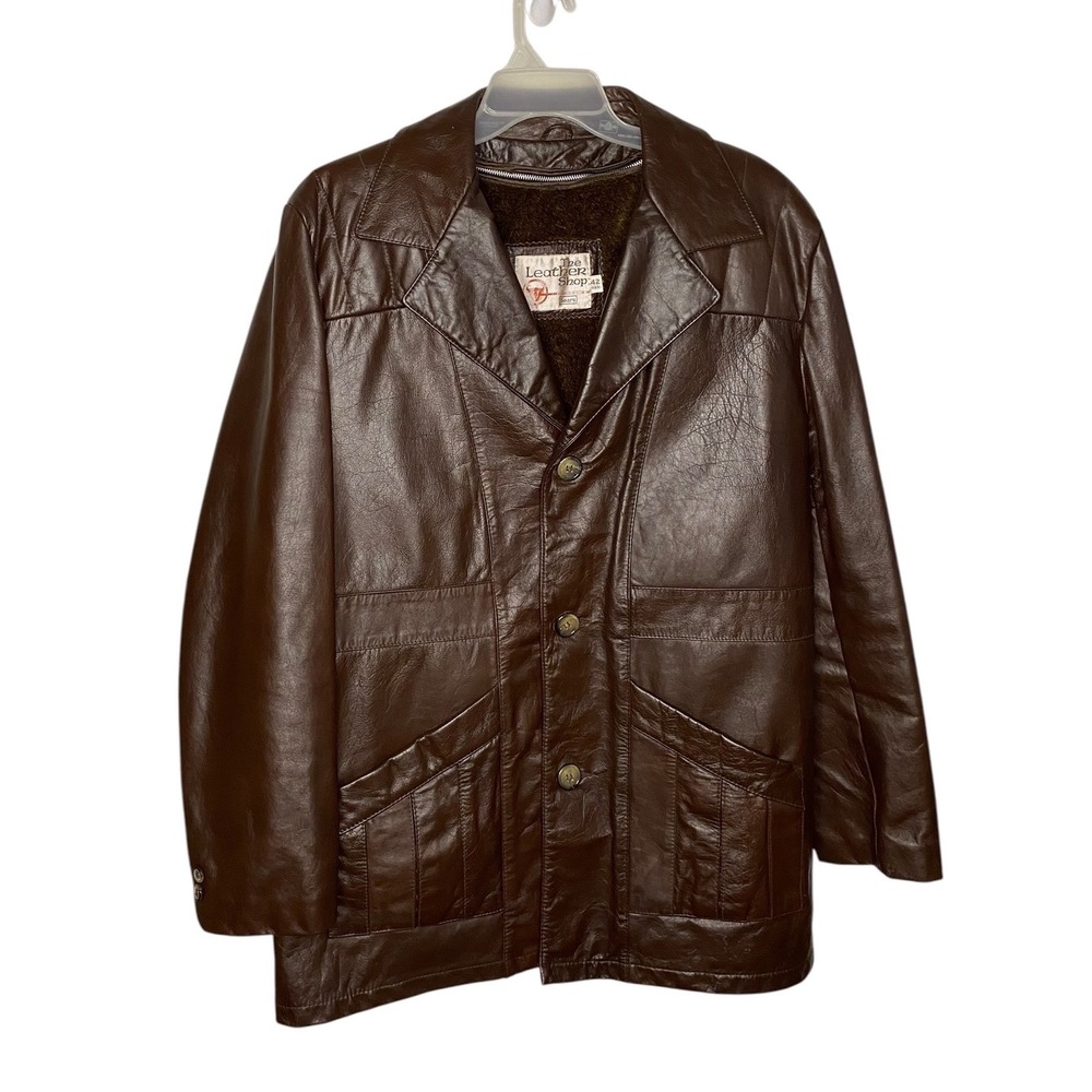Vintage Sears The Leather Shop Brown Leather Car Coat Jacket Faux Fur Liner 42